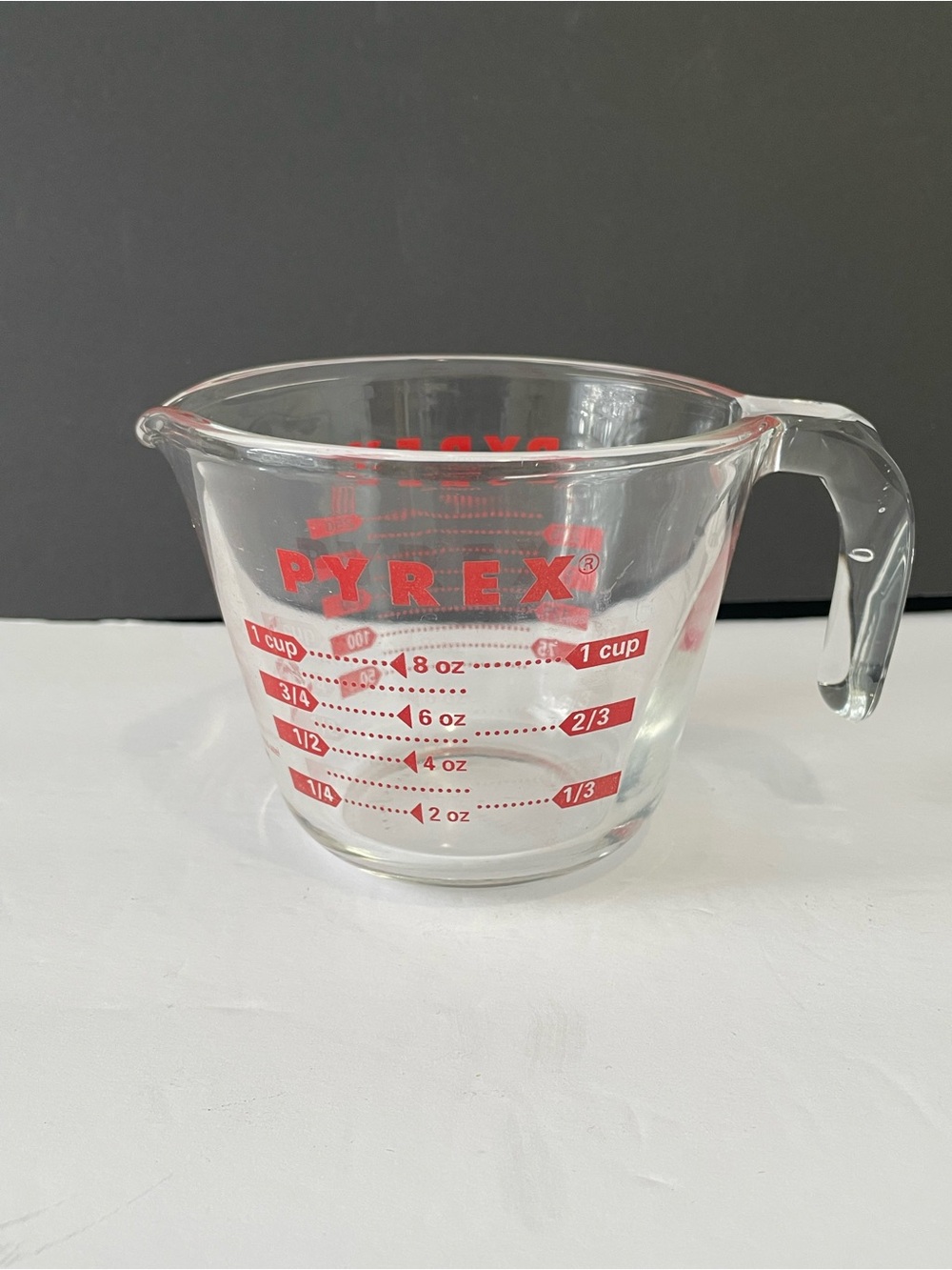 Vintage PYREX 1-Cup Glass Measuring Cup #508 Red Lettering Open J-Handle 8oz